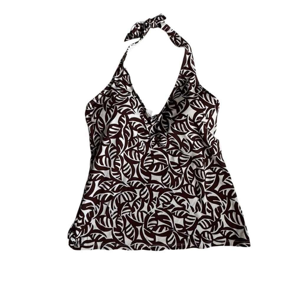 Anne Cole Halter Tankini Brown White Leaf Print Tank Swim SZ S